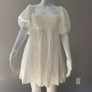 LALAVON MINI DRESS CROCHET SQUARE NECK PUFF SHORT SLEEVE RELAXED FIT SZ-S